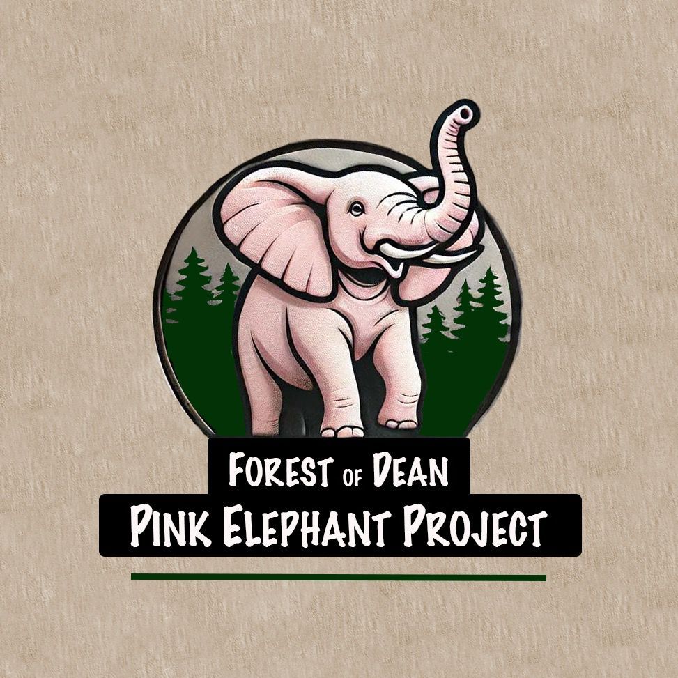 A cartoon pink elephant with raised trunk is centered in a green circle. Dark green stylized trees are visible behind the elephant within the circle. Below the circle, the text "FOREST OF DEAN" is stacked over "PINK ELEPHANT PROJECT" in a larger font. The background is a textured light brown.